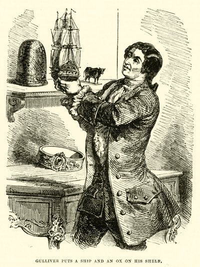 Gulliver coloca um navio e um boi na sua prateleira (gravação) de after Hablot Knight Browne