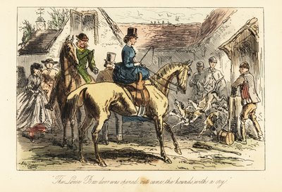 Caçadores vêem os cães de caça a sair de uma prisão antes de uma caçada. de after Hablot Knight Browne