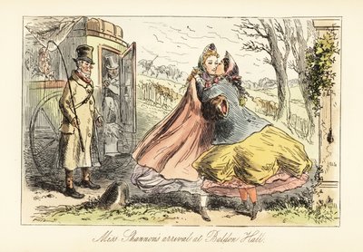 Senhoras em crinolines abraçando em frente a um portão de after Hablot Knight Browne