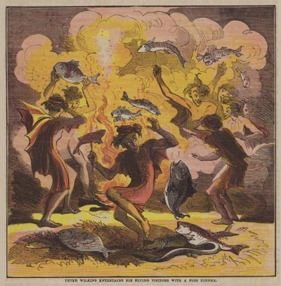 Peter Wilkins diverte os seus visitantes voadores com um jantar de peixe (cor litho) de after Hablot Knight Browne