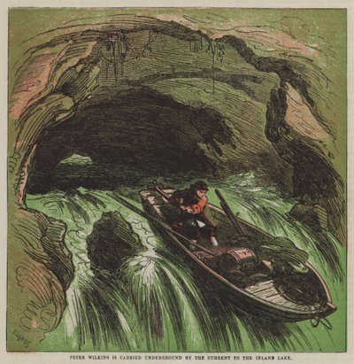 Peter Wilkins é levado para o subsolo pela correnteza até ao lago interior (cor litho) de after Hablot Knight Browne