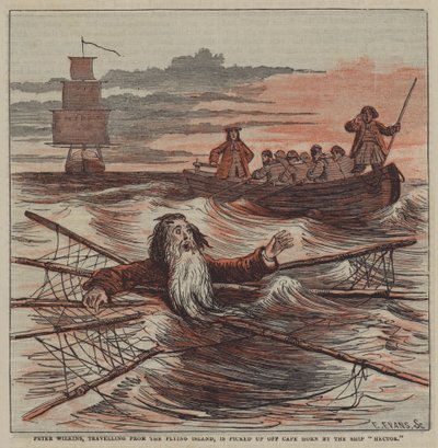 Peter Wilkins, viajando da Ilha Voadora, é apanhado ao largo do Cabo Horn pelo navio "Hector" (cor litho) de after Hablot Knight Browne