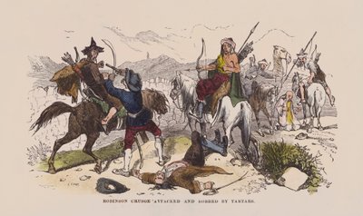 Robinson Crusoe atacado e roubado por Tártaros (gravura colorida) de after Hablot Knight Browne