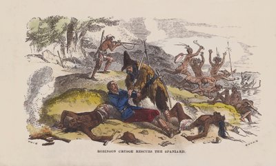 Robinson Crusoe resgata o espanhol (gravura colorida) de after Hablot Knight Browne