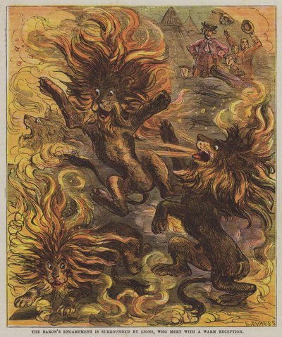O acampamento do Barão é cercado por leões, que se encontram com uma recepção calorosa (cor litho) de after Hablot Knight Browne