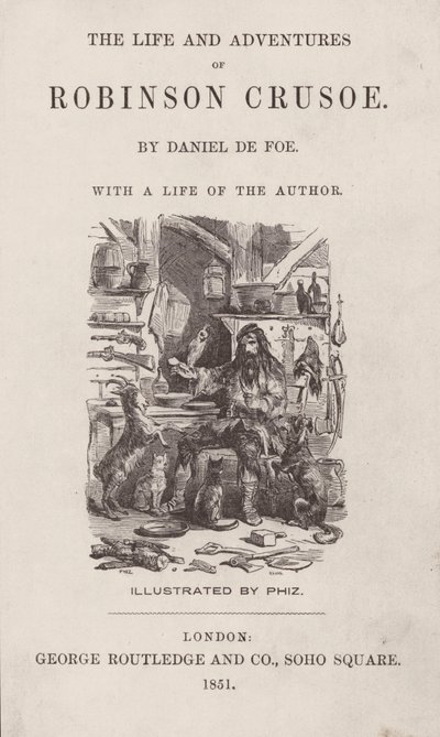 Página de título de A Vida e as Aventuras de Robinson Crusoe (gravura colorida) de after Hablot Knight Browne