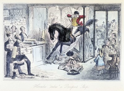 Caçador de cavalos a entrar acidentalmente numa loja de tecidos. O desenho animado em inglês sobre a caça é retirado de "aventuras de Thomas Scott ou Hawbuck Grange", ilustração de H.K. Browne e W.T. Maud. de Hablot Knight Browne