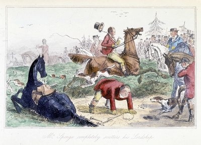 Hunter cai do seu cavalo. Desenho animado inglês das aventuras de Thomas Scott ou Hawbuck Grange", ilustração de H.K. Browne e W.T. Maud. de Hablot Knight Browne