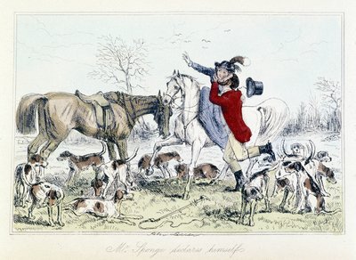 O Sr. Sponge declara-se. Caricatura inglesa sobre a caça à raposa em "The Adventures of Thomas Scott", ilustração de H.K. Browne e W.T. Maud de Hablot Knight Browne