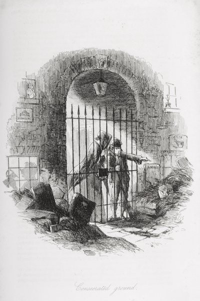 Terreno Consagrado, ilustração de &39;Bleak House&39;, de Charles Dickens (1812-1870), publicado em 1853 de Hablot Knight Browne