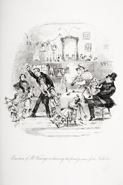 Emoção do Sr. Kenwigs ao ouvir as notícias da família de Nicholas, ilustração de "Nicholas Nickleby", de Charles Dickens (1812-1870), publicada em 1839 (ver também 259138) de Hablot Knight Browne