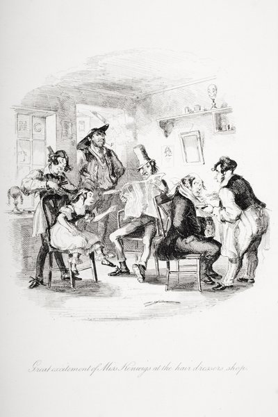 Grande emoção da senhorita Kenwigs na loja de cabeleireiro, ilustração de `Nicholas Nickleby &39;por Charles Dickens (1812-1870) publicado em 1839 (lito) de Hablot Knight Browne