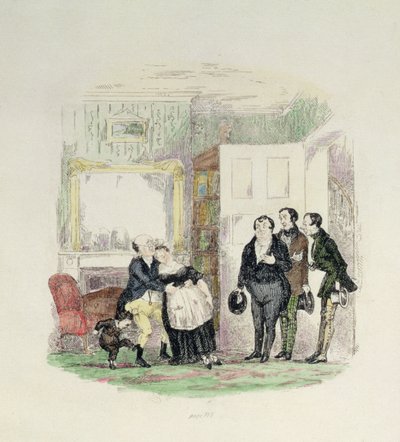 Sr. Pickwick é encontrado por seus amigos com a Sra. Bardell em seus braços, ilustração de &39;Pickwick Papers&39; por Charles Dickens (1812-1870) 1837 (gravura colorida) de Hablot Knight Browne
