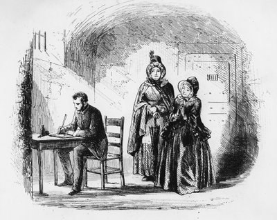 Sra. Bagnet retorna de sua expedição, ilustração de &39;Bleak House&39; por Charles Dickens (1812-1870) publicado em 1853 de Hablot Knight Browne