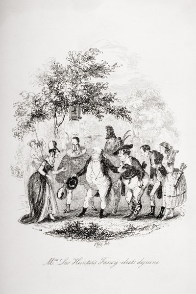O desenho de fantasia de Mrs. Leo Hunter, ilustração de "The Pickwick Papers", de Charles Dickens (1812-1870), publicado em 1837 de Hablot Knight Browne