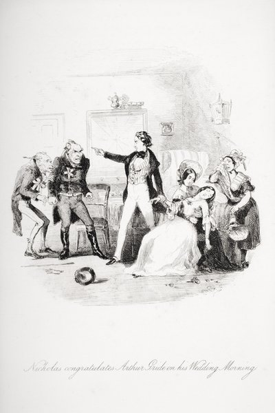 Nicholas parabeniza Arthur Gride em sua manhã de casamento, ilustração de "Nicholas Nickleby", de Charles Dickens (1812-1870), publicada em 1839 (ver também 259152). de Hablot Knight Browne