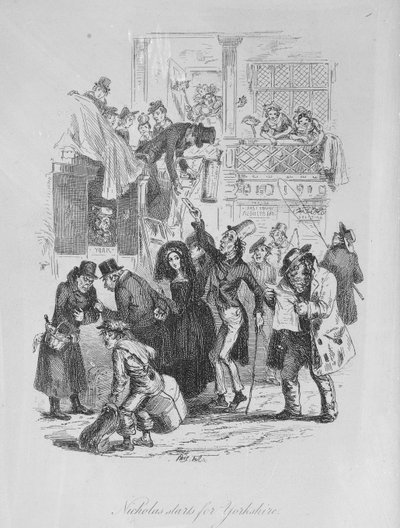 Nicholas começa para Yorkshire, ilustração de "Nicholas Nickleby" por Charles Dickens (1812-1870) publicado em 1839 (lito) de Hablot Knight Browne