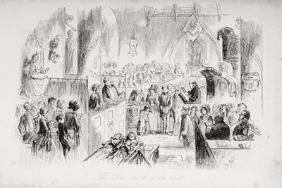 A pequena igreja no parque, ilustração de &39;Bleak House&39; por Charles Dickens (1812-1870) publicou 1853 de Hablot Knight Browne