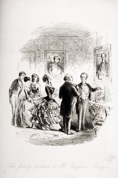 Os retratos de família na ilustração de Bayham Badger, de "Bleak House", de Charles Dickens (1812-1870), publicaram 1853 (lito) de Hablot Knight Browne