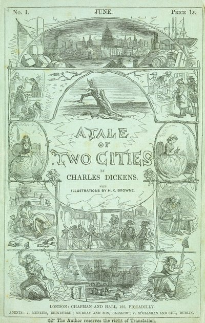 Página de rosto da primeira parte da primeira edição em partes serializadas, do livro "Um Conto de Duas Cidades", de Charles Dickens, 1859 de Hablot Knight Browne