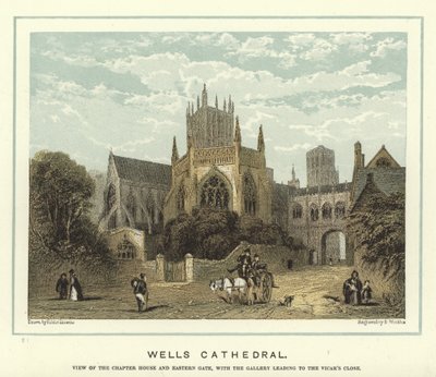 Wells Cathedral, vista da casa do capítulo e portão oriental, com a galeria que leva ao Vigário Close de Hablot Knight Browne