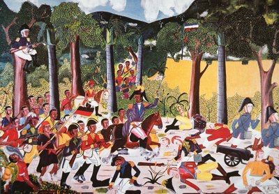 Haitianos sob o comando de Jean Jacques Dessalines derrotam as tropas de Napoleão (petróleo sobre tela) de Haitian School