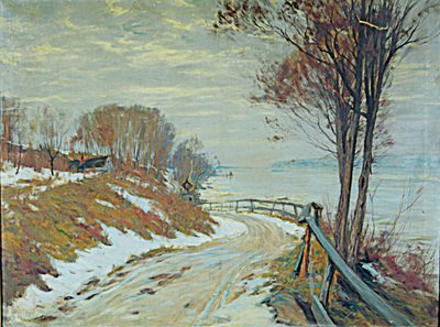 Estrada em uma paisagem de neve (óleo sobre tela) de Hal Robinson