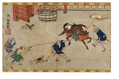 Cavalo assustado com pipa, c.1830-1839 (xilogravura sobre papel) de Hanabusa Itcho