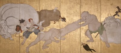 Sete Deuses da Boa Fortuna (tinta, cor e folha de ouro sobre papel, ecrã sextuplicado) de Hanabusa Itcho