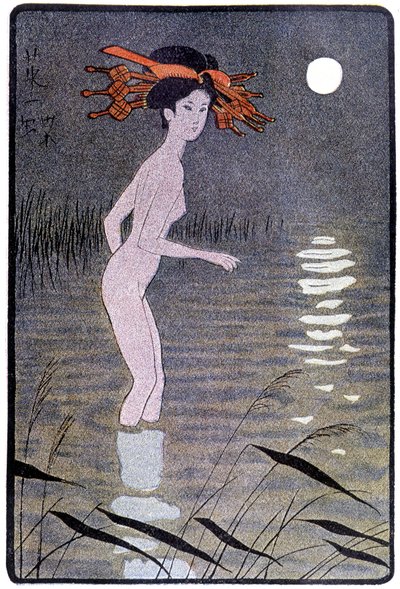Jovem japonês a tomar banho num lago ao luar - em "boneca japonesa" de Félicien Champsaur, doente. Hanafusa Itcho, Paris de Hanabusa Itcho