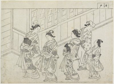 Cinco prostitutas na frente de uma casa, início dos anos 1770 (impressão em xilogravura) de Hanabusa Shigenobu
