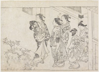 Cinco prostitutas em um pátio, início dos anos 1770 (impressão em xilogravura) de Hanabusa Shigenobu