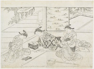 Três prostitutas em um quarto, início dos anos 1770 (impressão em xilogravura) de Hanabusa Shigenobu