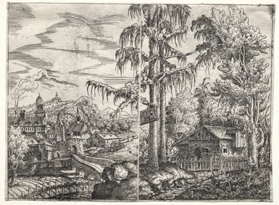 Paisagem com a cidade em um rio e a casa de campo entre árvores de Hanns Lautensack
