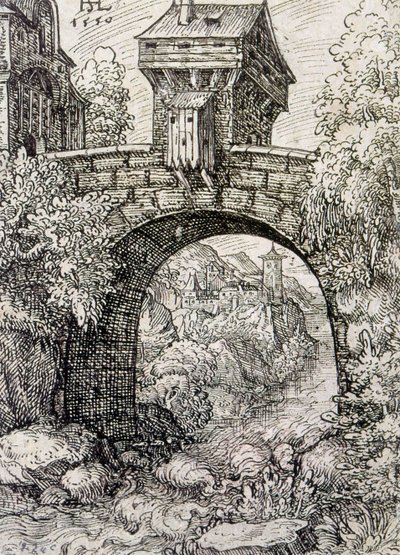 Zona rural com portão de ponte e água, c.1550 (água forte) de Hanns Sebald Lautensack