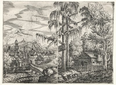 Paisagem com a cidade em um rio e o chalé entre árvores, 1551. de Hanns Sebald Lautensack