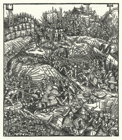 O Arquiduque Maximiliano da Áustria e o seu exército a combater os franceses de Hans (after) Burgkmair
