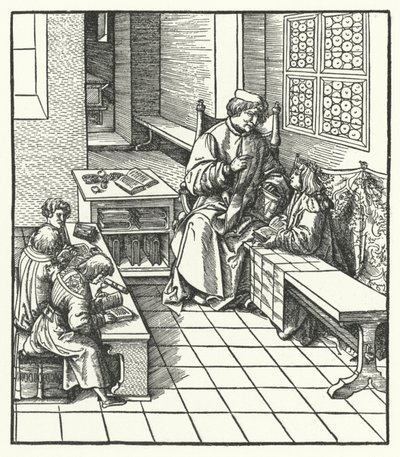 Arquiduque Maximiliano da Áustria na escola quando criança (gravura) de Hans (after) Burgkmair