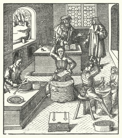 Arquiduque Maximiliano da Áustria na Casa da Moeda (gravura) de Hans (after) Burgkmair