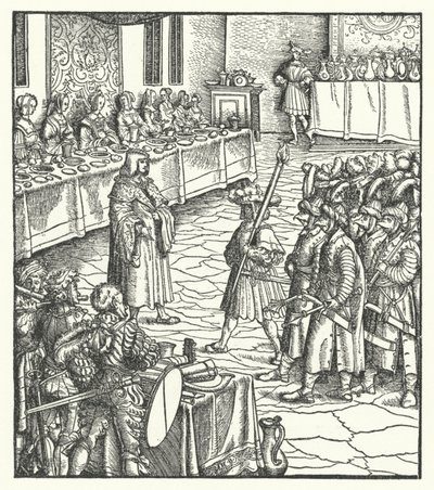 Arquiduque Maximiliano da Áustria dirigindo uma peça de mummer (gravura) de Hans (after) Burgkmair
