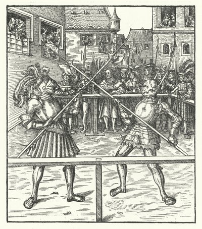 Arquiduque Maximiliano da Áustria lutando a pé usando uma alabarda (gravura) de Hans (after) Burgkmair