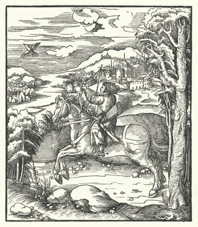 Arquiduque Maximiliano da Áustria caçando a cavalo (gravura) de Hans (after) Burgkmair
