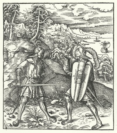 Arquiduque Maximiliano da Áustria em luta armada com uma espada (gravura) de Hans (after) Burgkmair