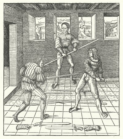 Arquiduque Maximiliano da Áustria aprendendo a arte da esgrima (gravura) de Hans (after) Burgkmair