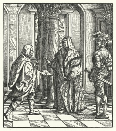 Arquiduque Maximiliano da Áustria recebendo o acordo de Maria da Borgonha para a sua proposta de casamento (gravura) de Hans (after) Burgkmair
