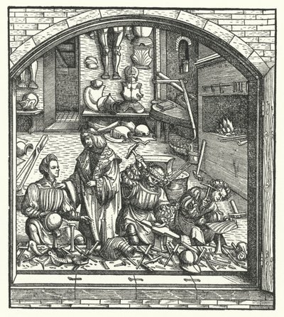 Arquiduque Maximiliano da Áustria visitando um armeiro (gravura) de Hans (after) Burgkmair