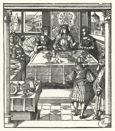 Arquiduque Maximiliano da Áustria visitando sua futura esposa, Mary de Borgonha, e sua mãe, Isabella de Bourbon (gravura) de Hans (after) Burgkmair