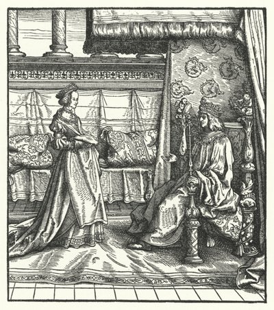 Carlos o Negrito, Duque de Borgonha, com sua filha Maria, que mais tarde casou com o futuro Santo Imperador Romano Maximiliano I em 1477 (gravura) de Hans (after) Burgkmair