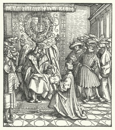 Dedicação de um livro ao Santo Imperador Romano Maximiliano I (gravura) de Hans (after) Burgkmair