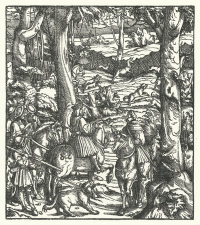 Maximiliano I, Rei dos Romanos, recebendo uma mensagem enquanto caça (gravura) de Hans (after) Burgkmair